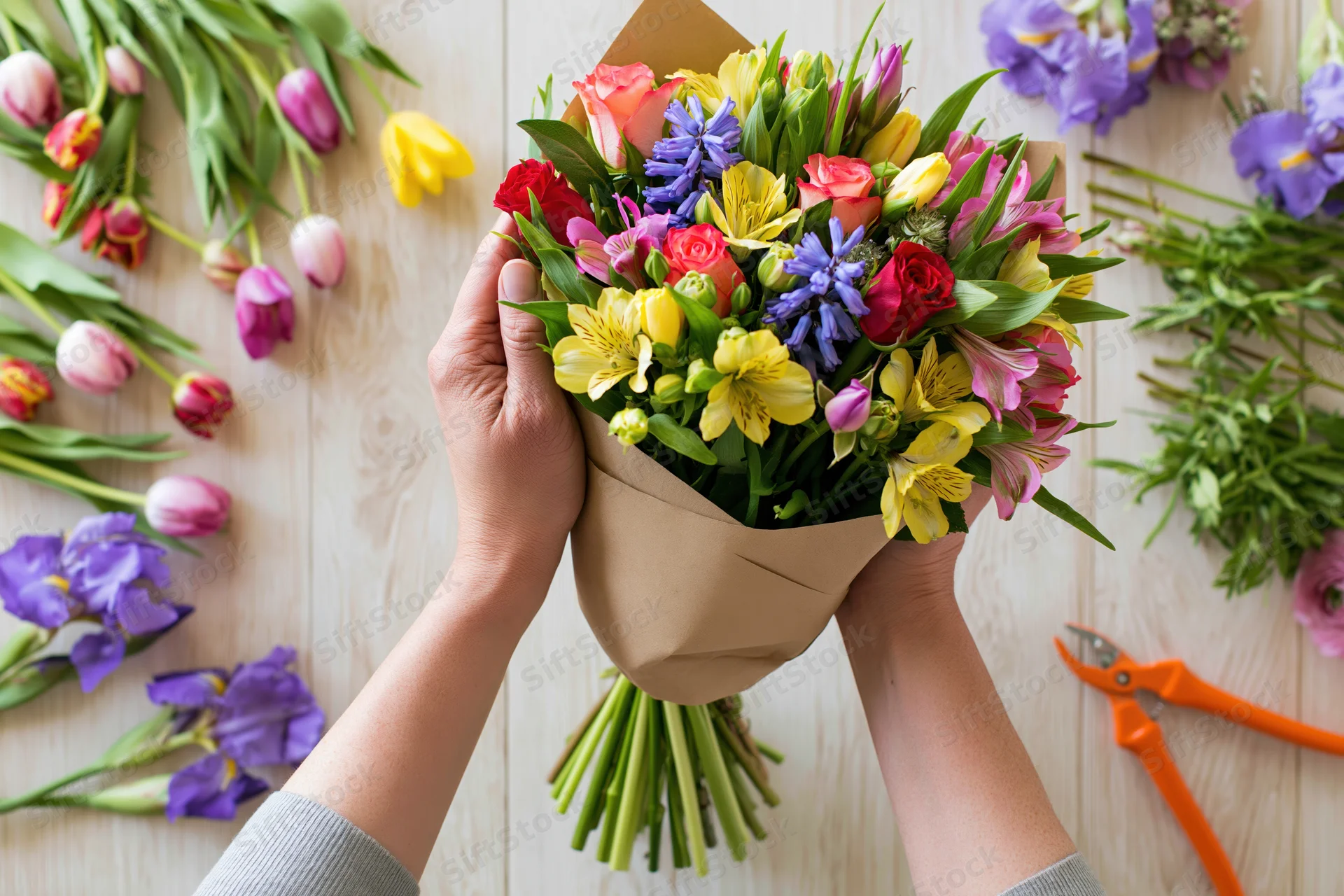Florist hands holding a wrapped bouquet of roses, hyacinths, tulips and irises on a wooden table with scattered flowers and pruning scissors nearby