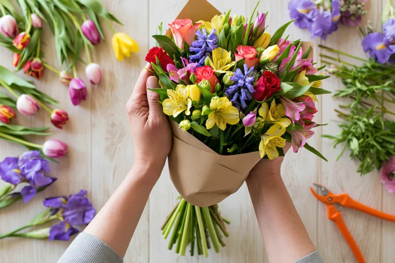 Florist hands holding a wrapped bouquet of roses, hyacinths, tulips and irises on a wooden table with scattered flowers and pruning scissors nearby