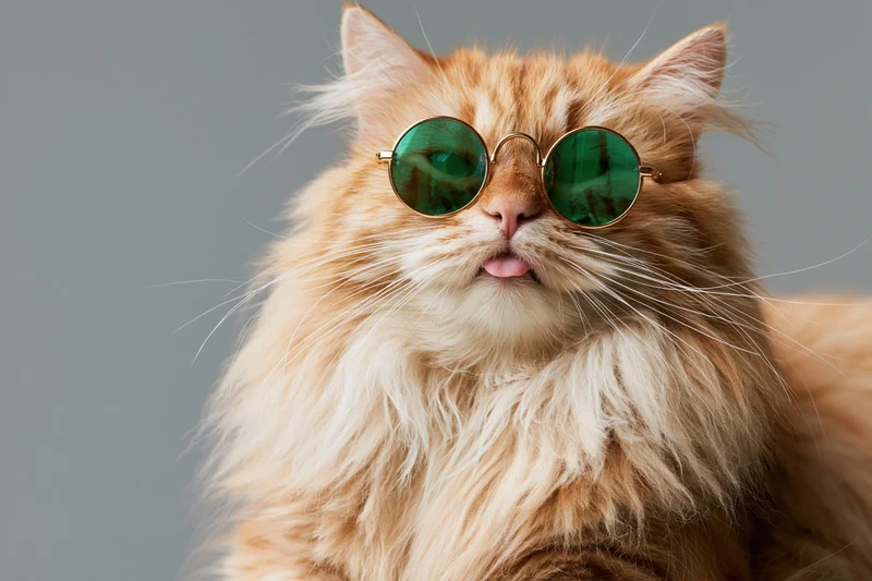 Fluffy orange and cream cat wearing round green sunglasses with tongue sticking out in studio portrait