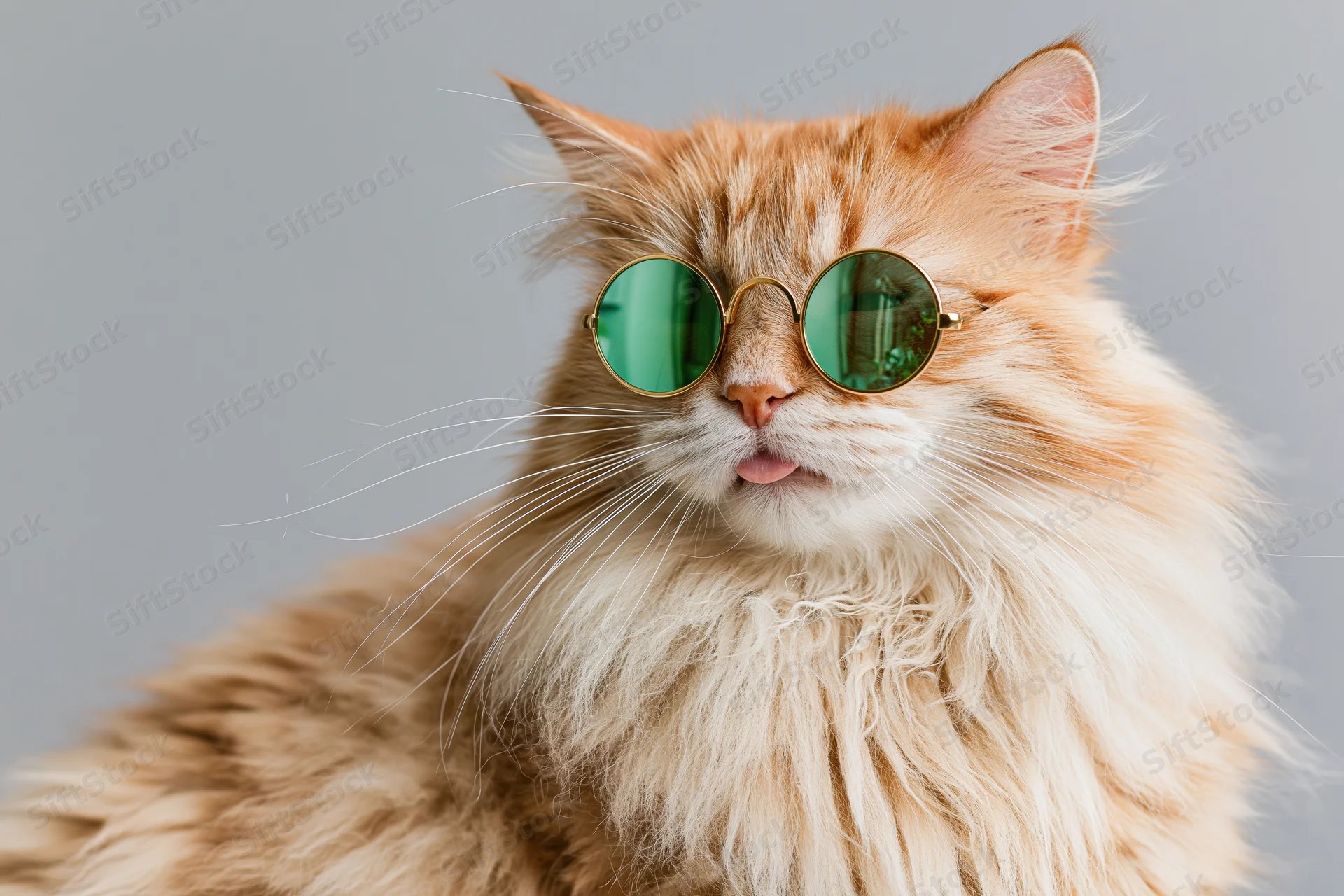 Fluffy orange and cream cat wearing round green sunglasses with tongue out in studio portrait