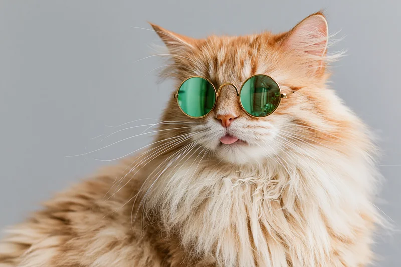 Fluffy orange and cream cat wearing round green sunglasses with tongue out in studio portrait