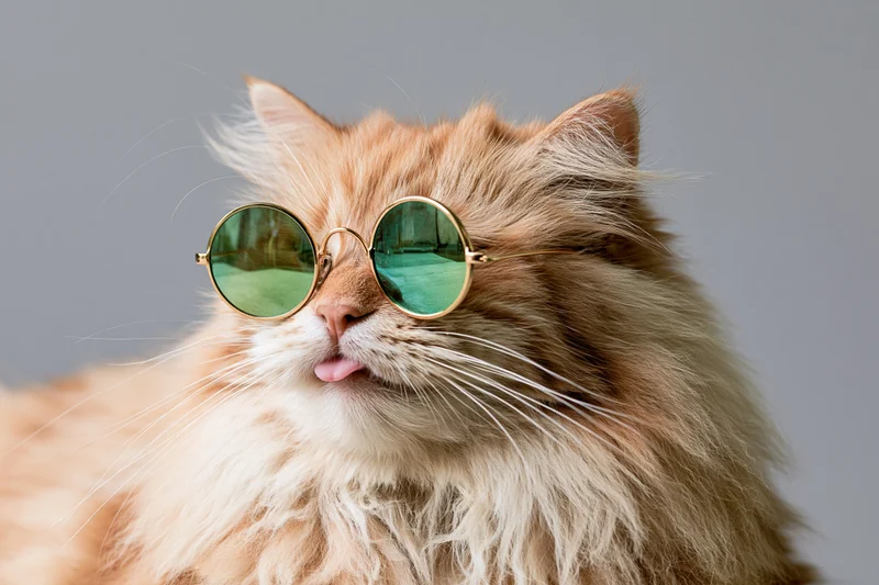 Fluffy orange and cream cat wearing round gold sunglasses with green lenses, tongue out, in studio against gray background