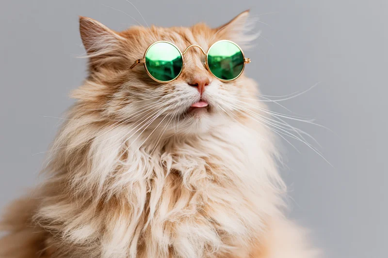 Fluffy orange and cream cat wearing round green sunglasses with tongue out in studio portrait