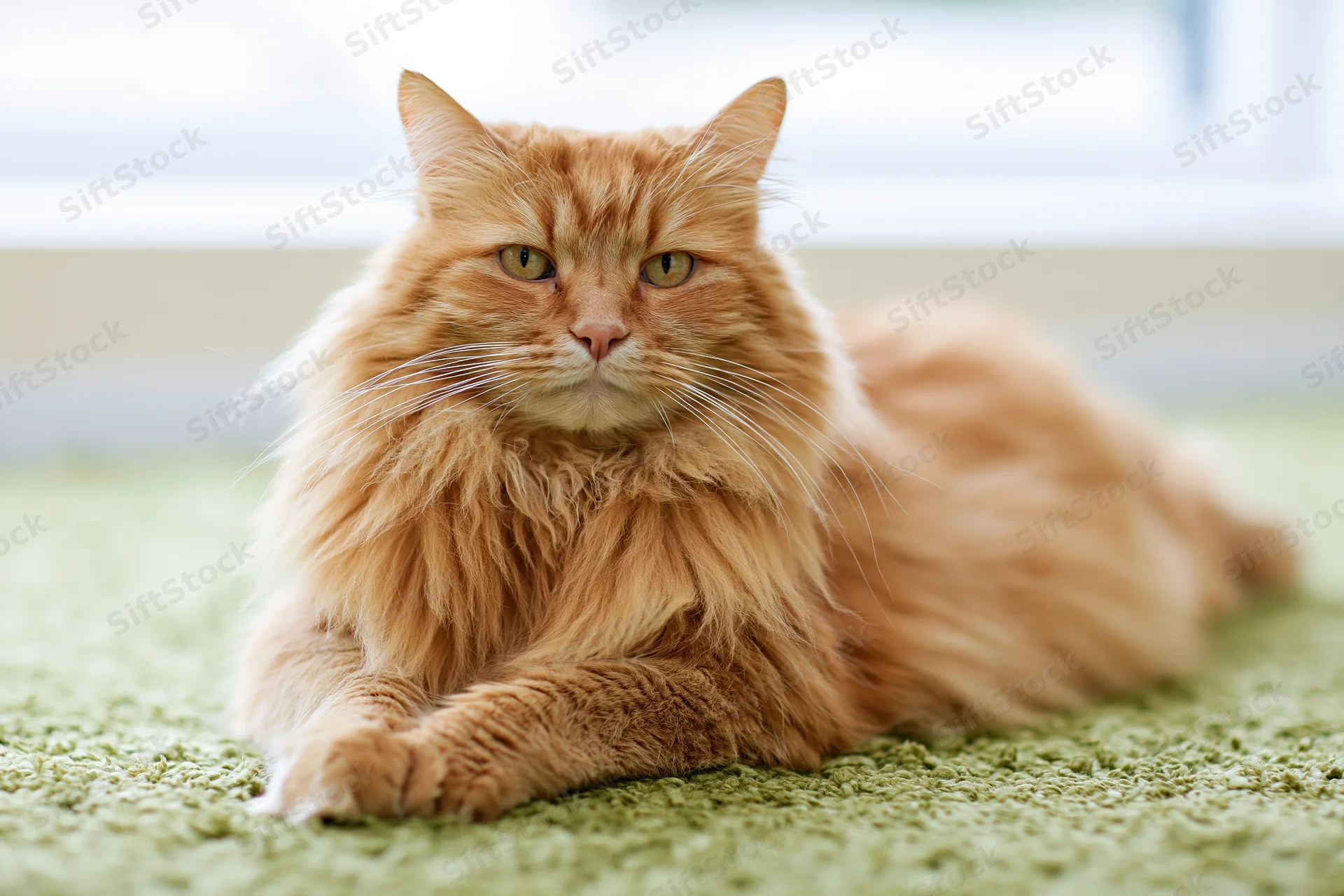 Fluffy orange tabby cat lying relaxed on green carpet indoors