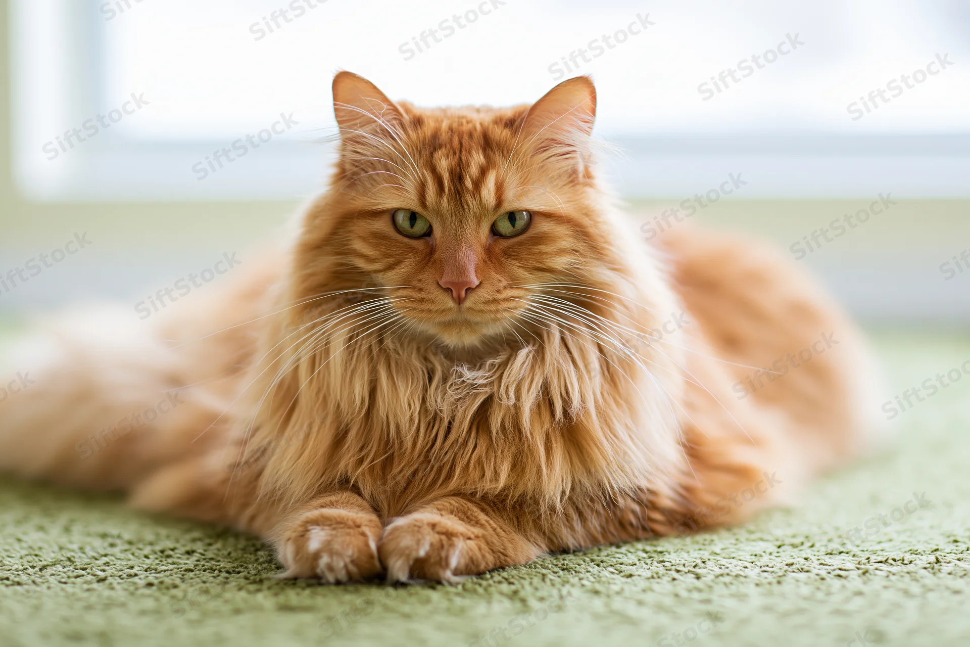 Fluffy orange tabby cat lying relaxed on green carpet indoors