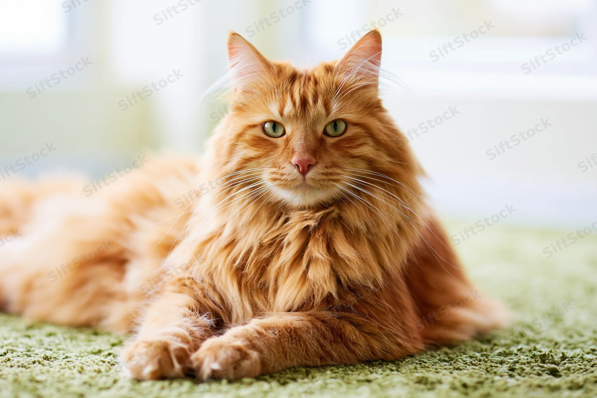 Fluffy orange tabby cat lying relaxed on green carpet indoors