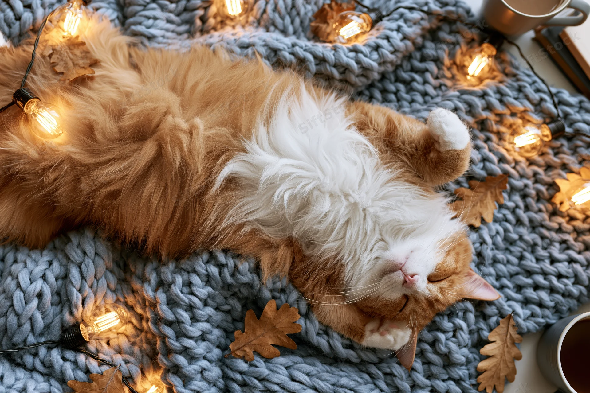 Fluffy orange and white cat sleeping on its back on a knitted blanket surrounded by string lights and autumn leaves