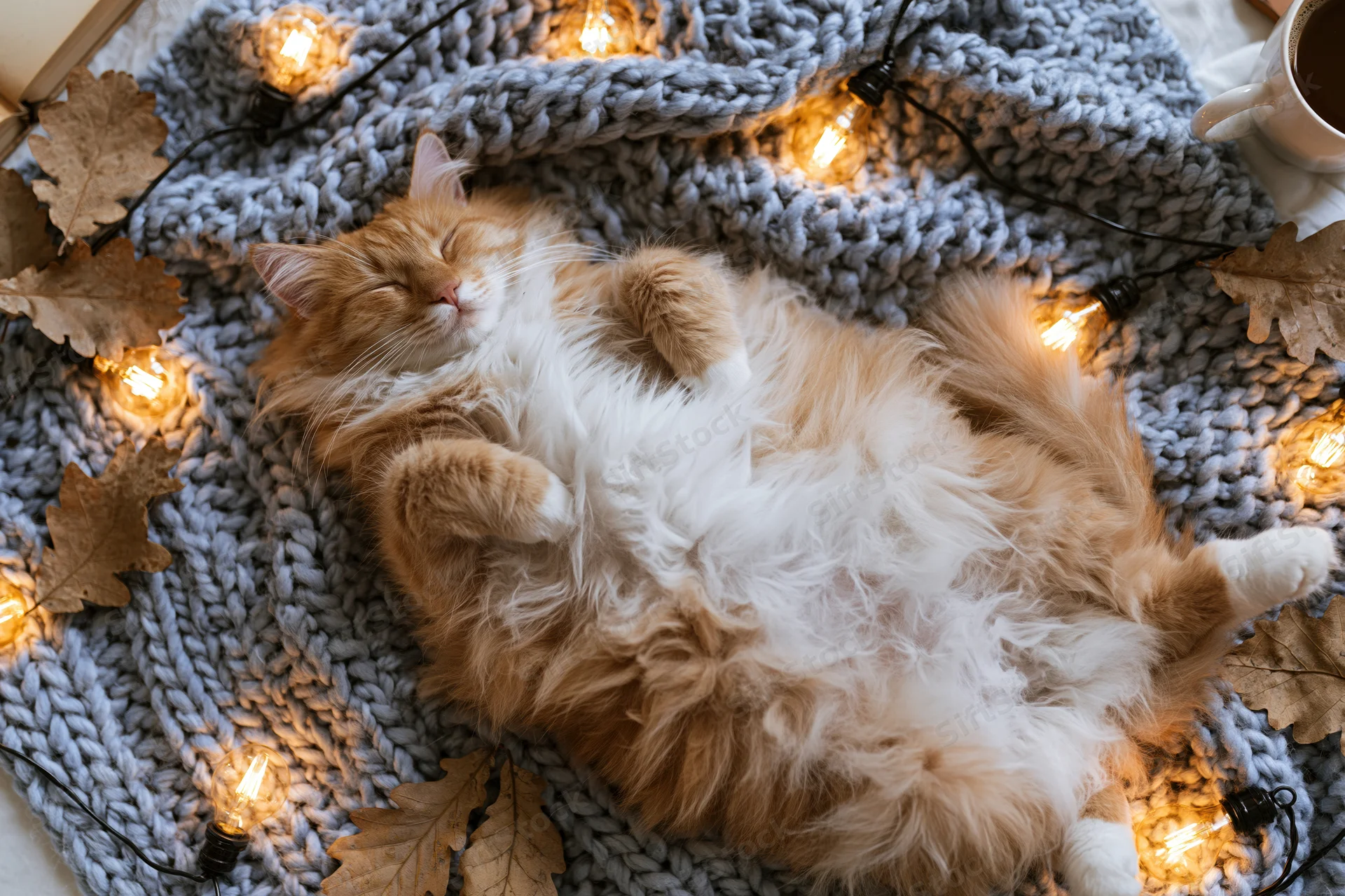 Fluffy orange and white cat sleeping on its back on a knitted blanket surrounded by string lights and autumn leaves