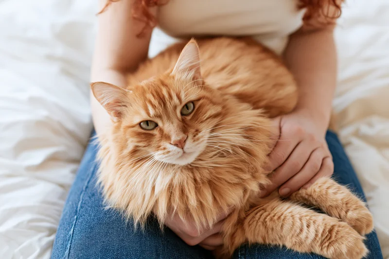 Fluffy orange tabby cat resting in a woman's lap on a white bed, being gently held