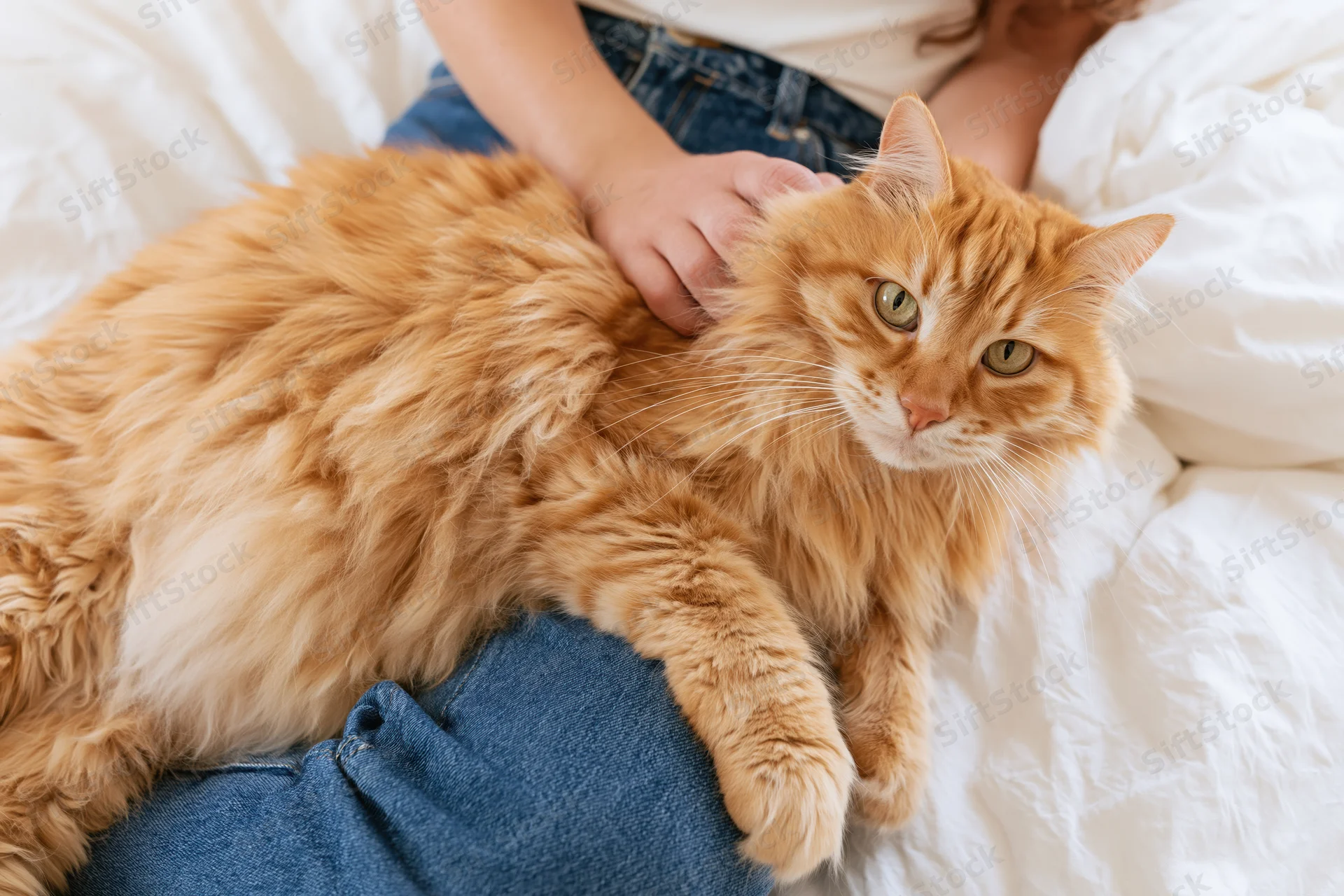 Fluffy orange tabby cat lying on a woman's lap being gently petted on a bed