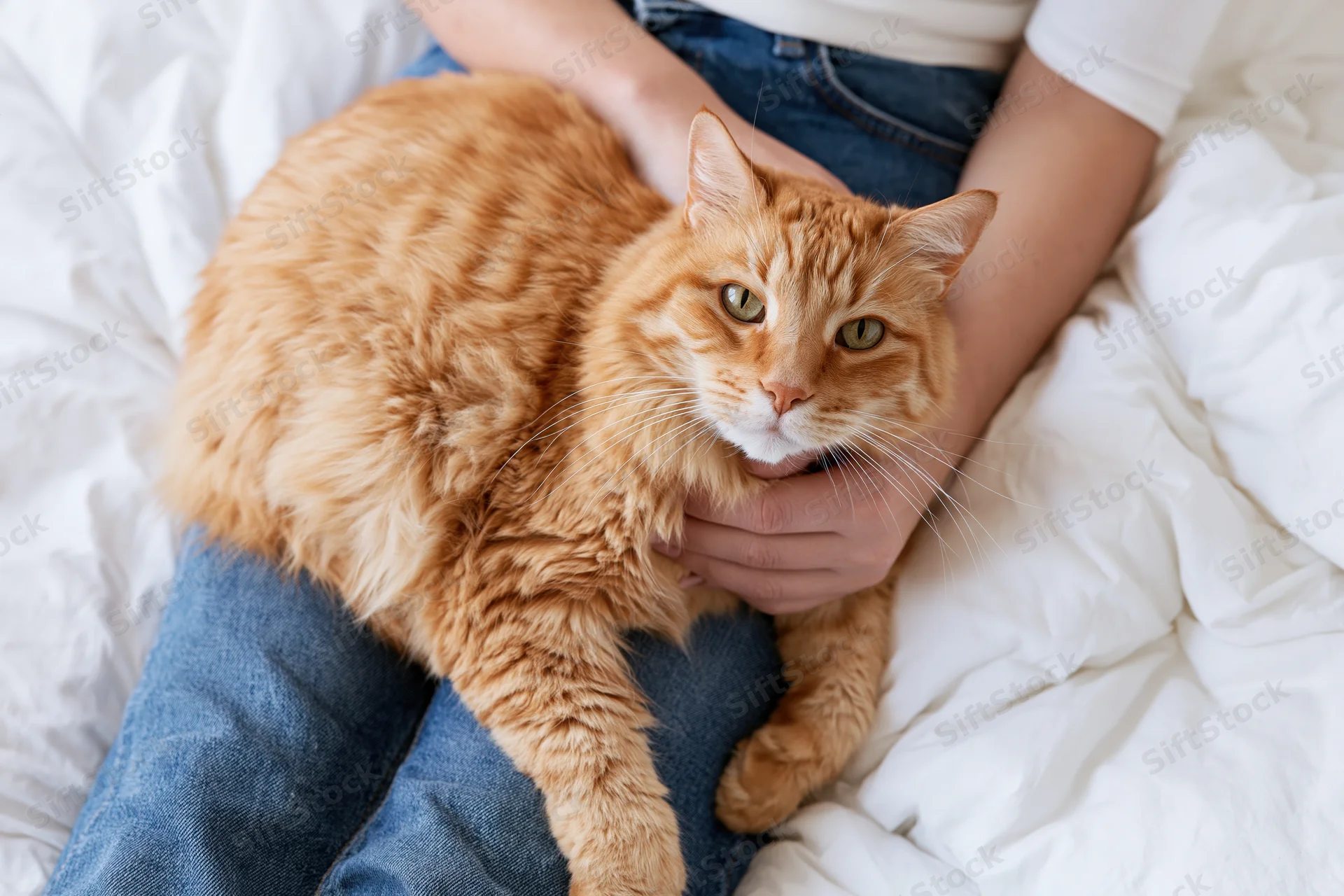 Fluffy orange tabby cat resting in a woman’s lap on a white bed, being gently held