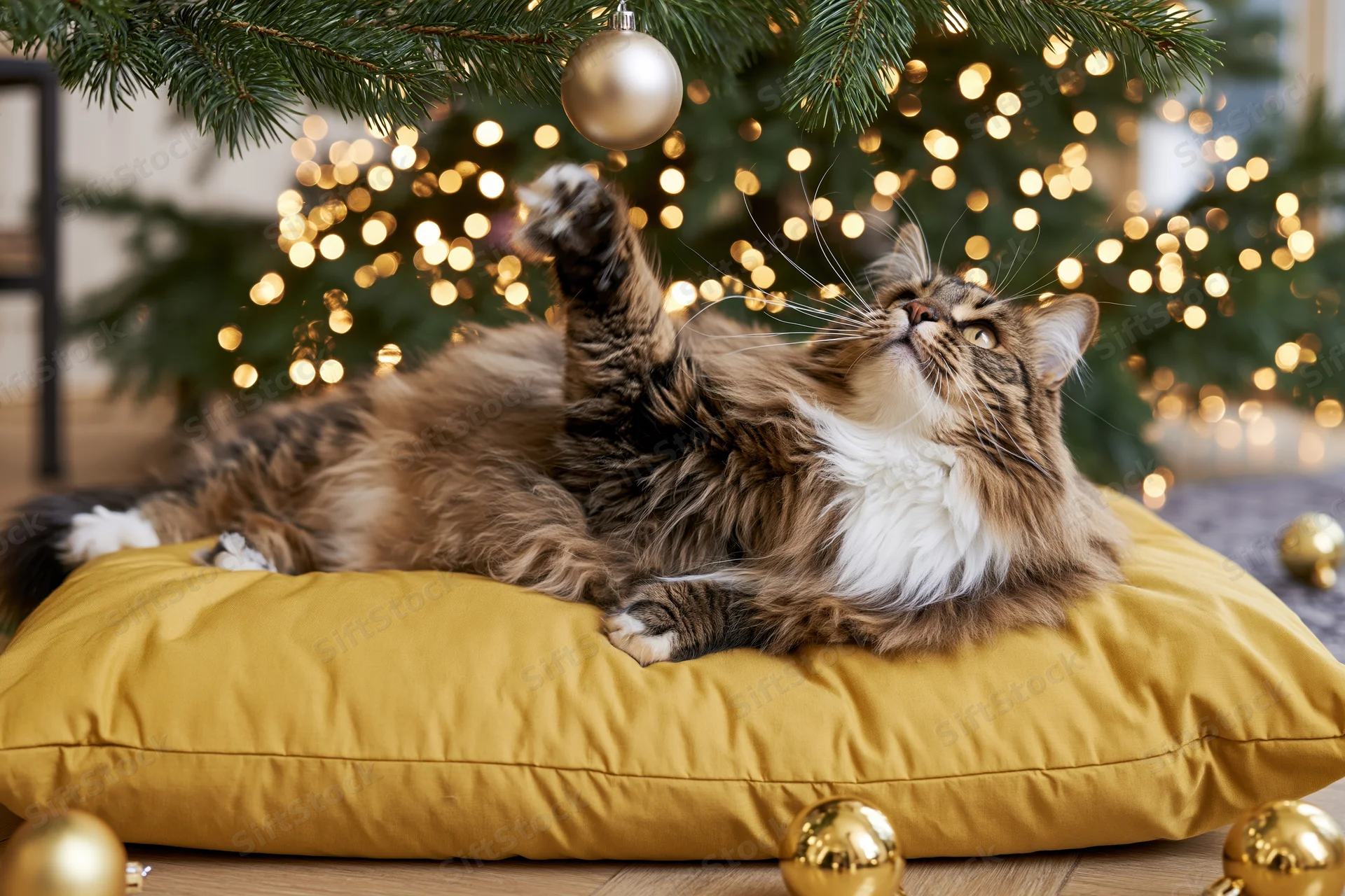 Fluffy tabby cat lying on golden yellow pet cushion under christmas tree with ornaments and lights