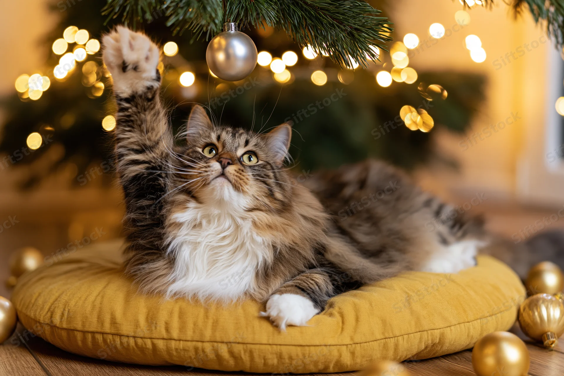 Fluffy tabby cat reaching for a silver ornament on a christmas tree while lying on a golden yellow cushion indoors