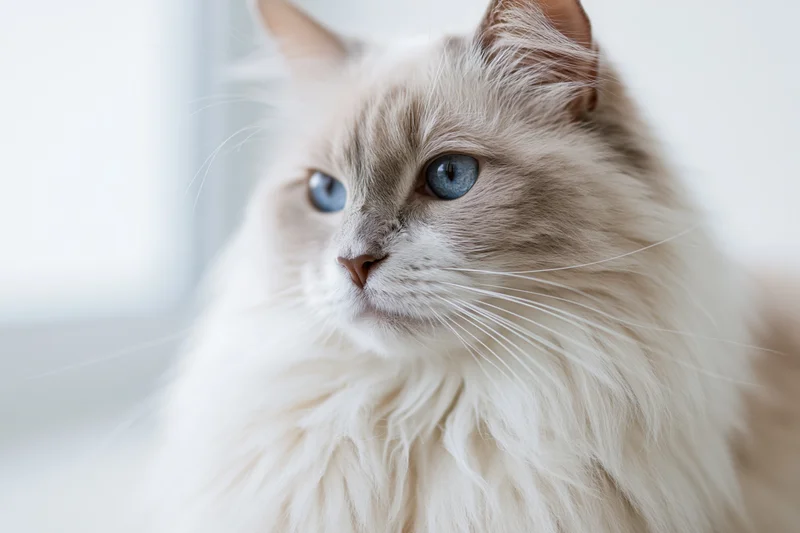 Fluffy white ragdoll cat with pale blue eyes gazing slightly off-camera indoors near a window