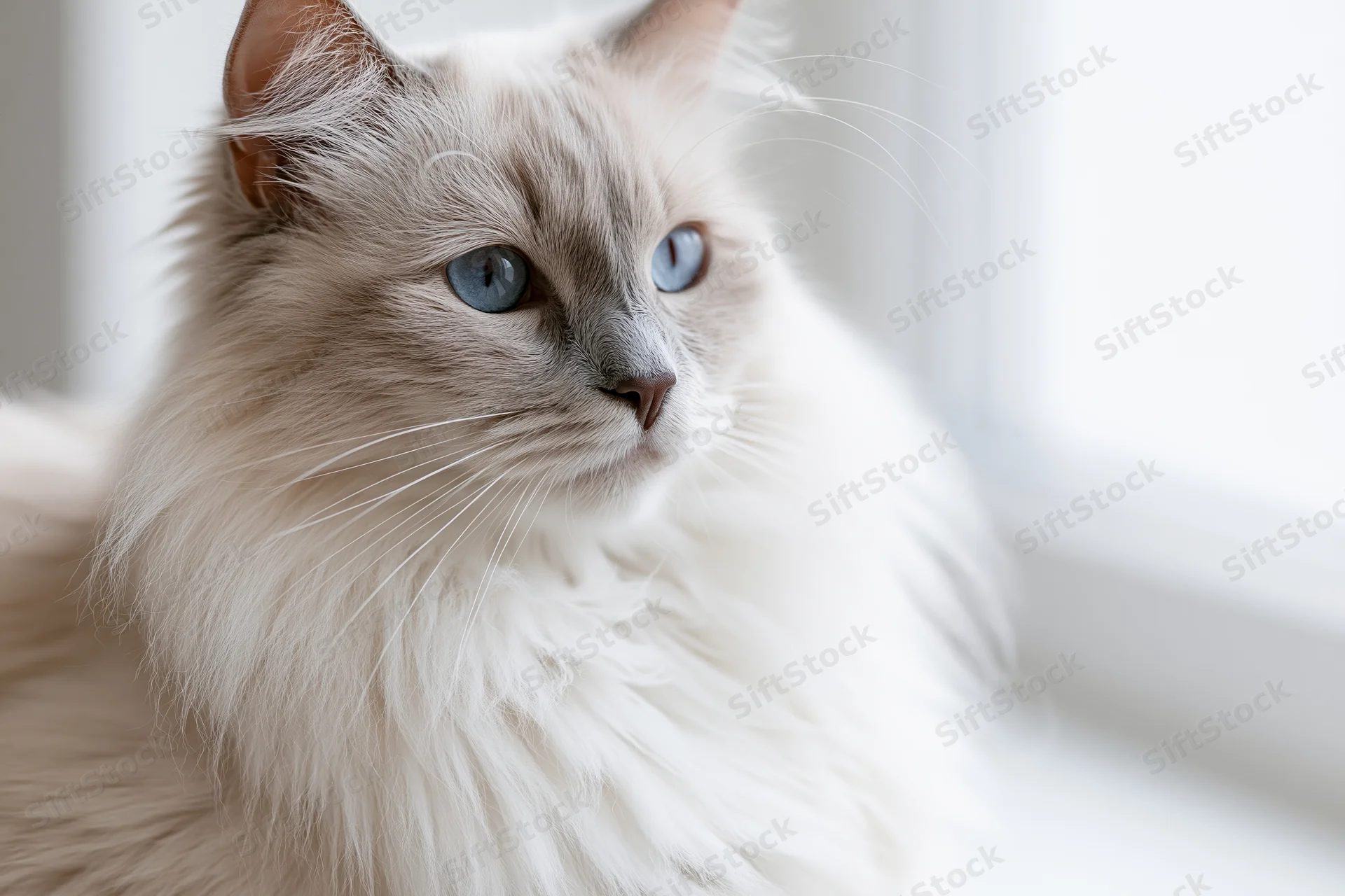Fluffy white ragdoll cat with pale blue eyes gazing slightly to the side near a window