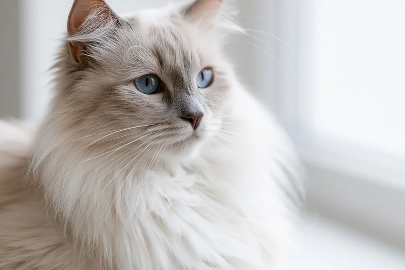 Fluffy white ragdoll cat with pale blue eyes gazing slightly to the side near a window