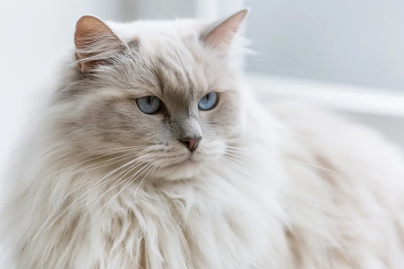 Fluffy white ragdoll cat with pale blue eyes gazing slightly indoors near a window