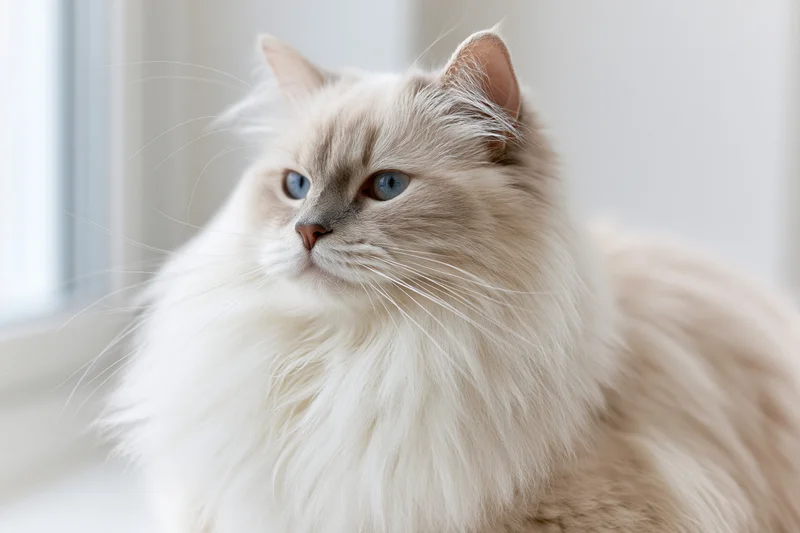 Fluffy white ragdoll cat with pale blue eyes sitting by a window indoors