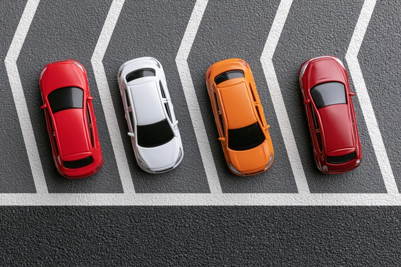 Four toy cars in red white orange and red parked in angled spaces in a parking lot