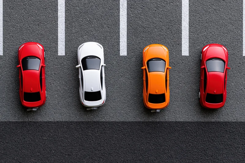 Four toy cars in a row parked in marked parking spaces on asphalt viewed from above