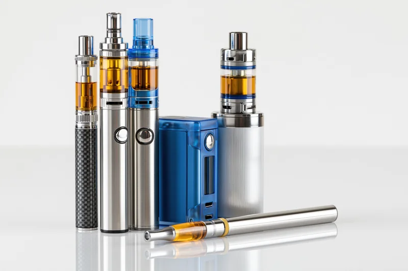 Multiple vaping devices arranged on a reflective white surface