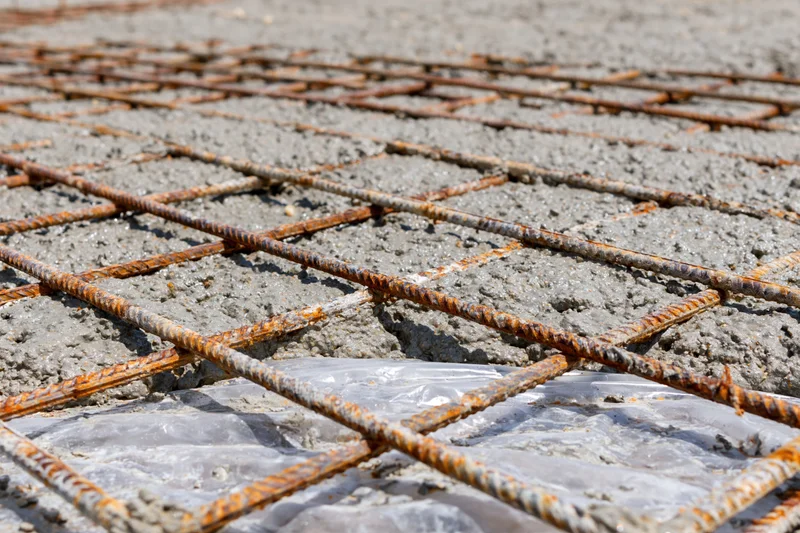 Wet concrete poured over a steel rebar grid on a construction site