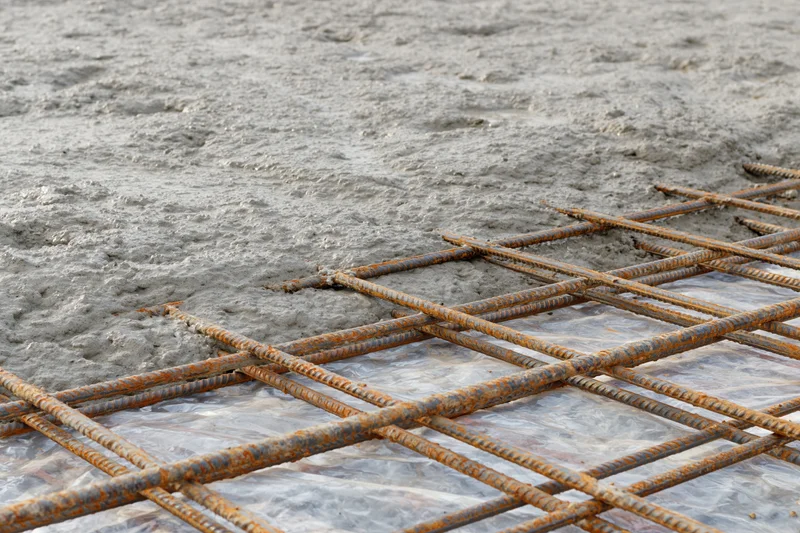 Wet concrete spreading over a steel rebar grid on a construction site