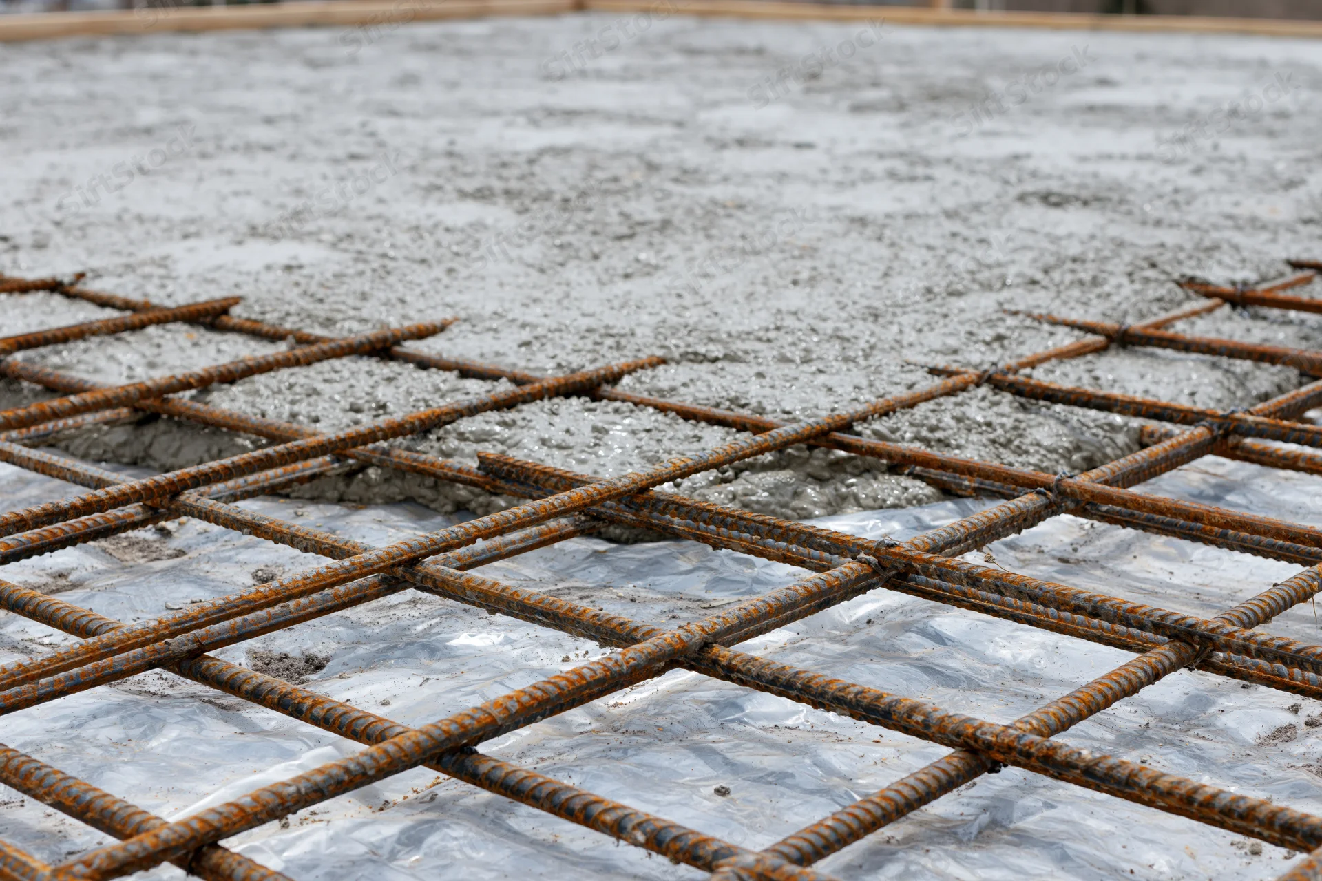 Wet concrete spreading over a steel rebar grid on a construction site