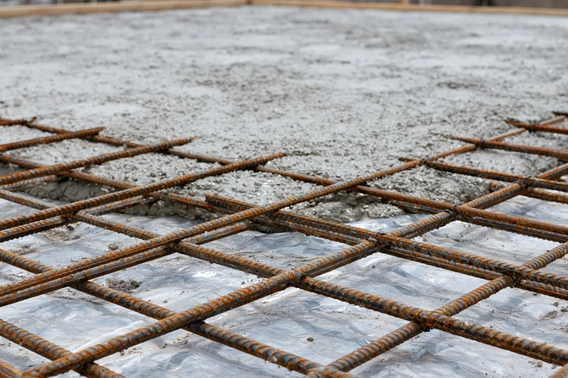 Wet concrete spreading over a steel rebar grid on a construction site