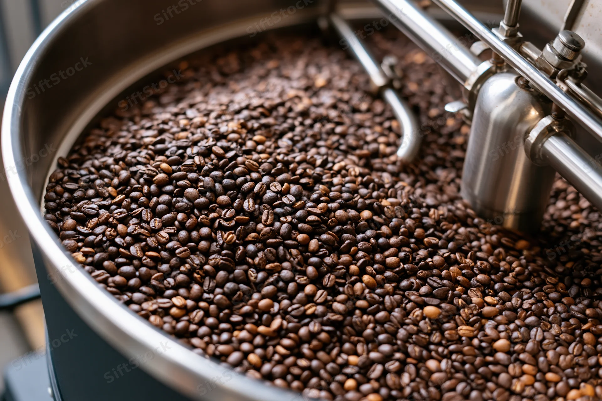 Roasted coffee beans cooling in a large stainless steel drum inside a roasting machine