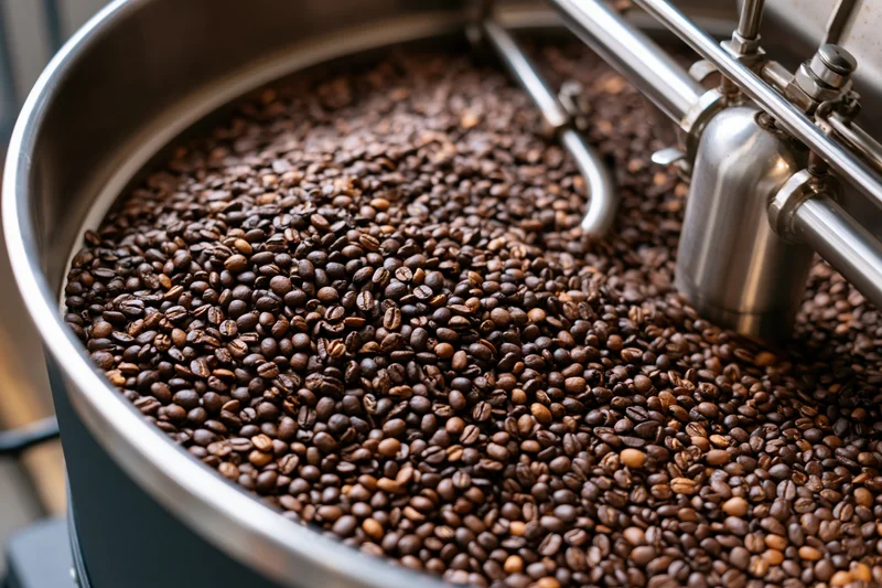 Roasted coffee beans cooling in a large stainless steel drum inside a roasting machine