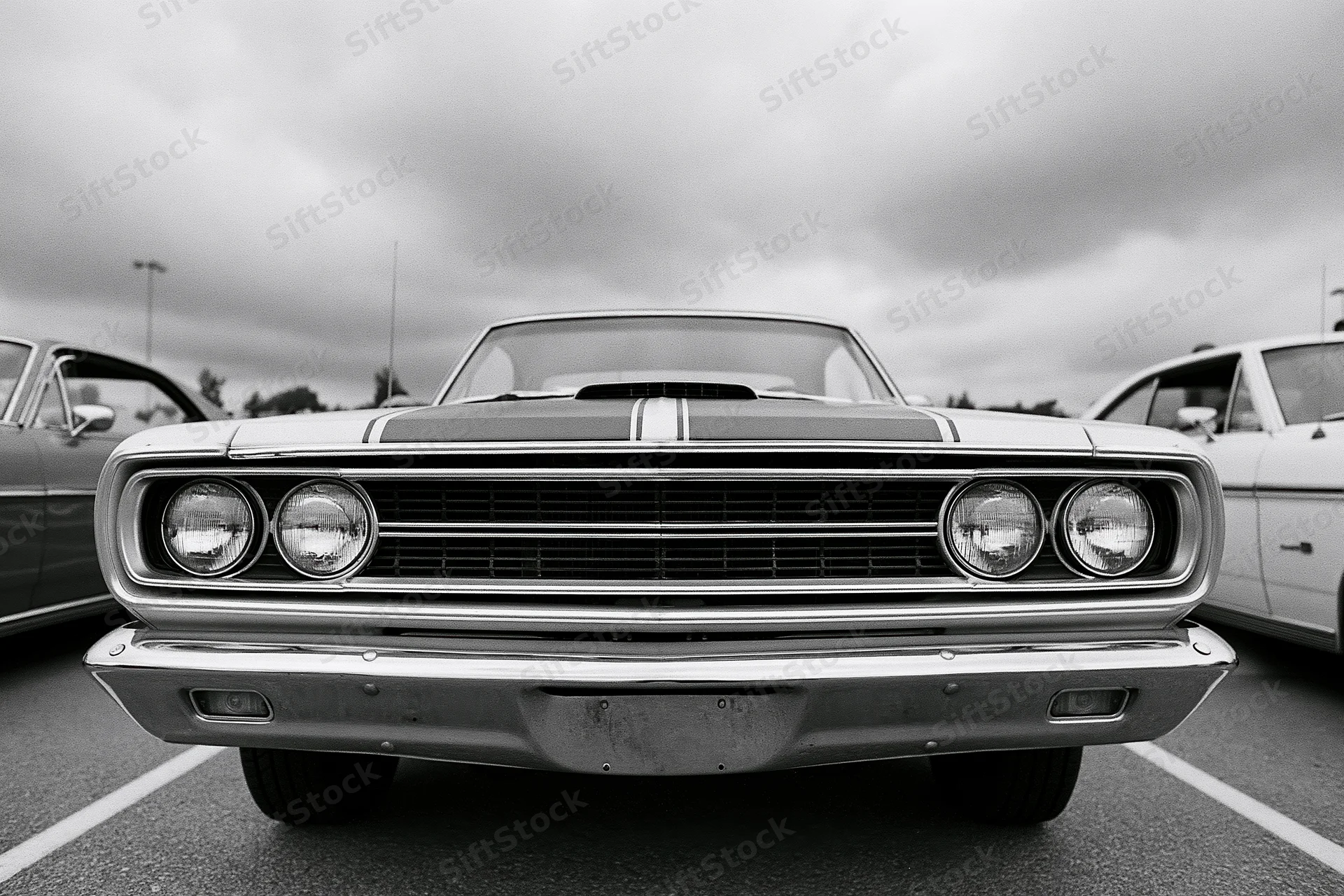 Front close-up of a 1960s american muscle car parked in a lot under overcast sky