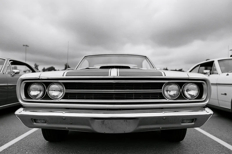 Front close-up of a 1960s american muscle car parked in a lot under overcast sky