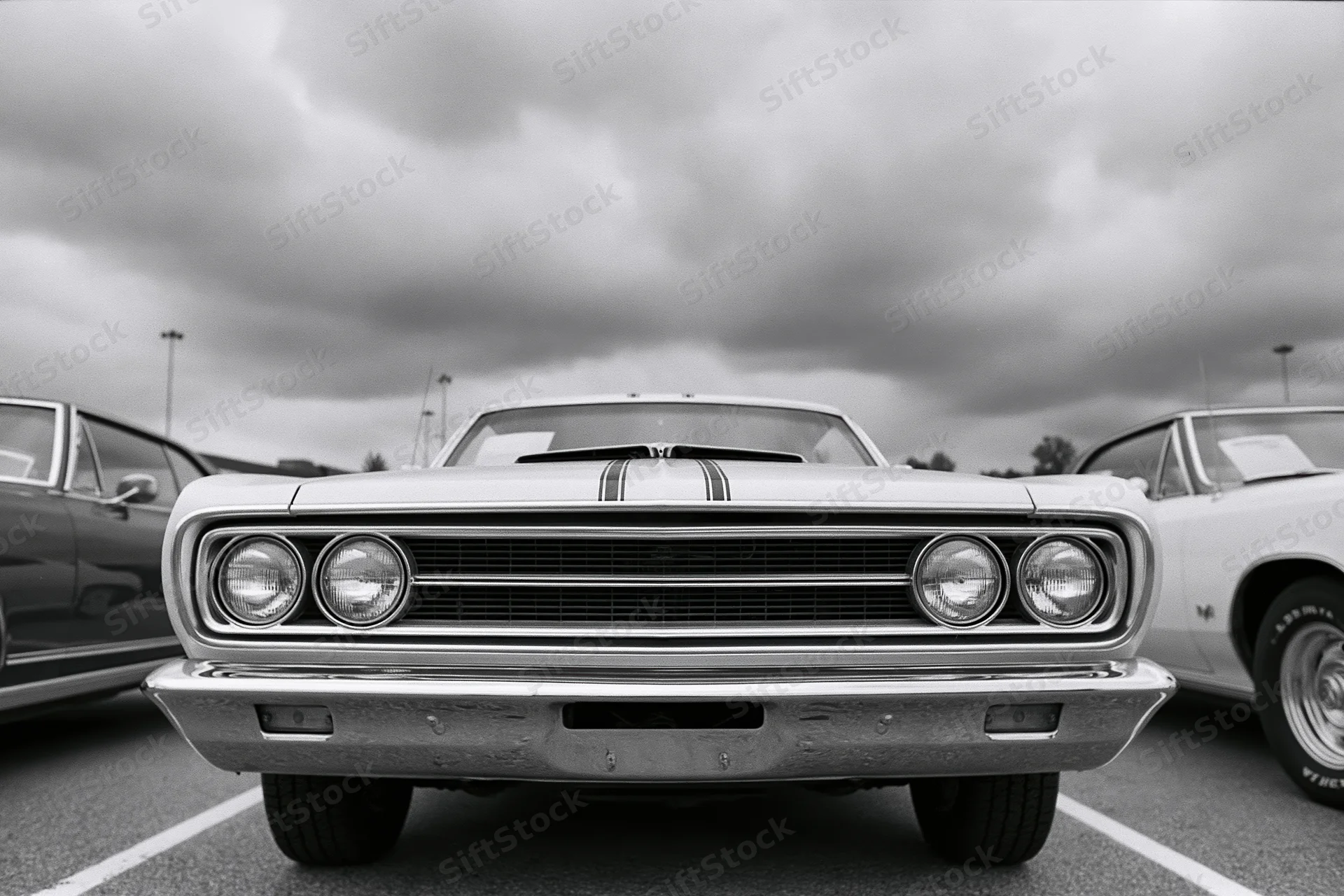 Front view of a 1960s american muscle car with chrome grille and hood stripes parked in a lot under cloudy sky