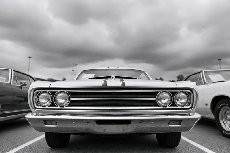 Front view of a 1960s american muscle car with chrome grille and hood stripes parked in a lot under cloudy sky