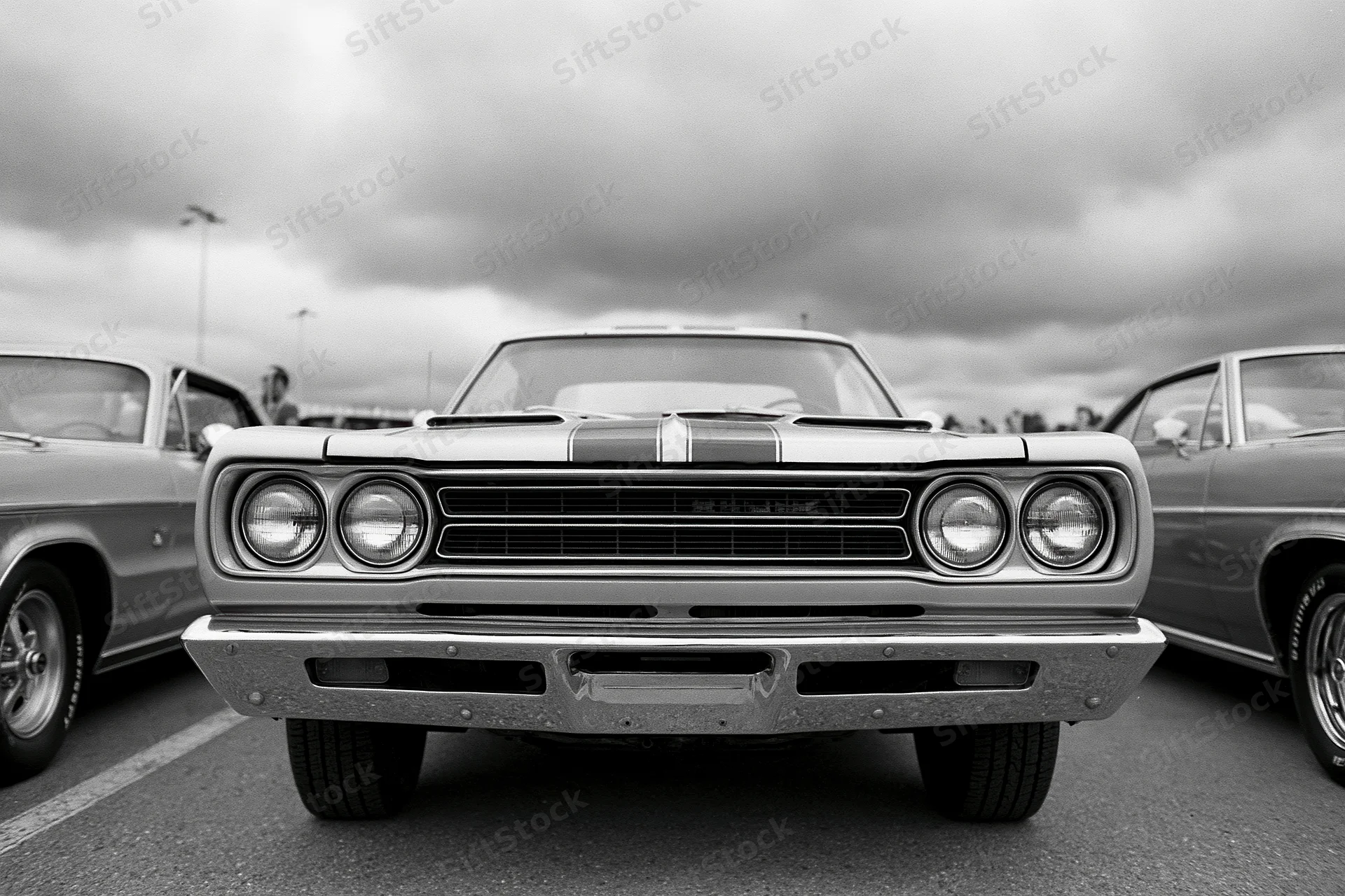 Front close-up of a 1960s american muscle car parked at a car show under cloudy sky