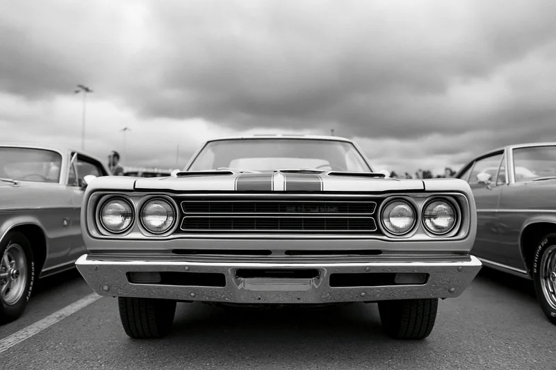 Front close-up of a 1960s american muscle car parked at a car show under cloudy sky
