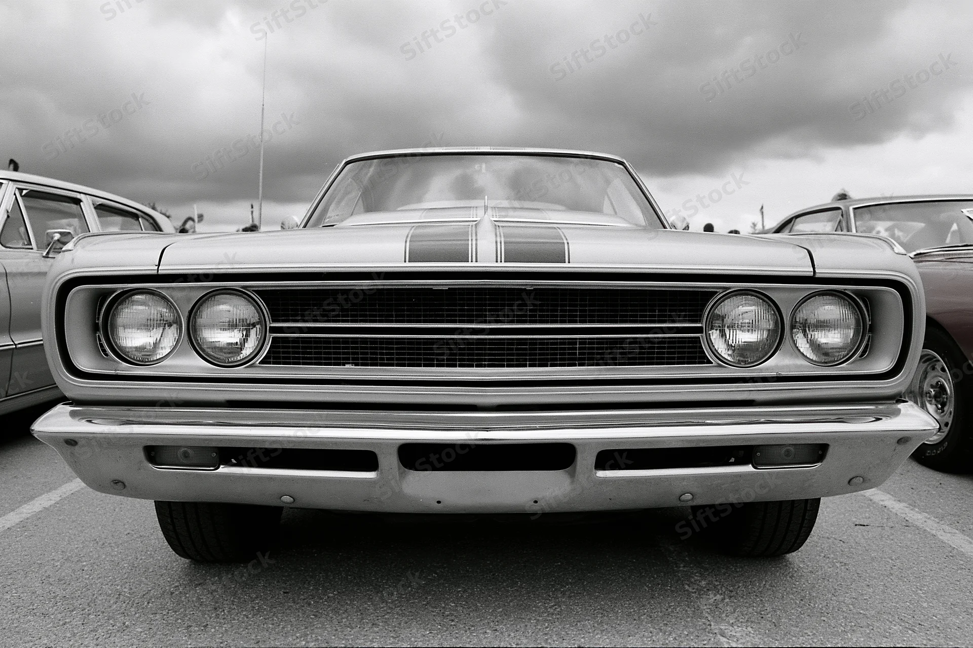 Front view of a 1960s american muscle car with hood stripes parked in a lot under cloudy sky