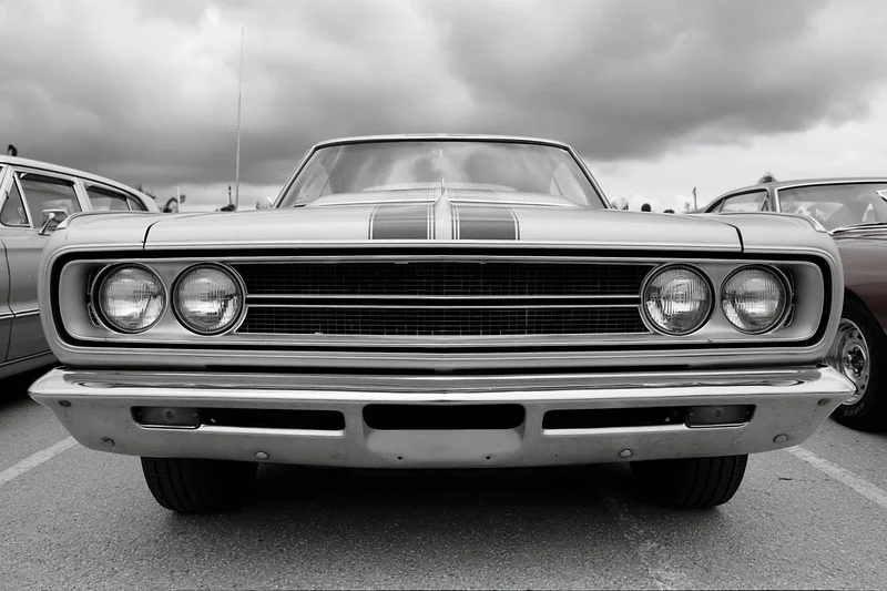 Front view of a 1960s american muscle car with hood stripes parked in a lot under cloudy sky