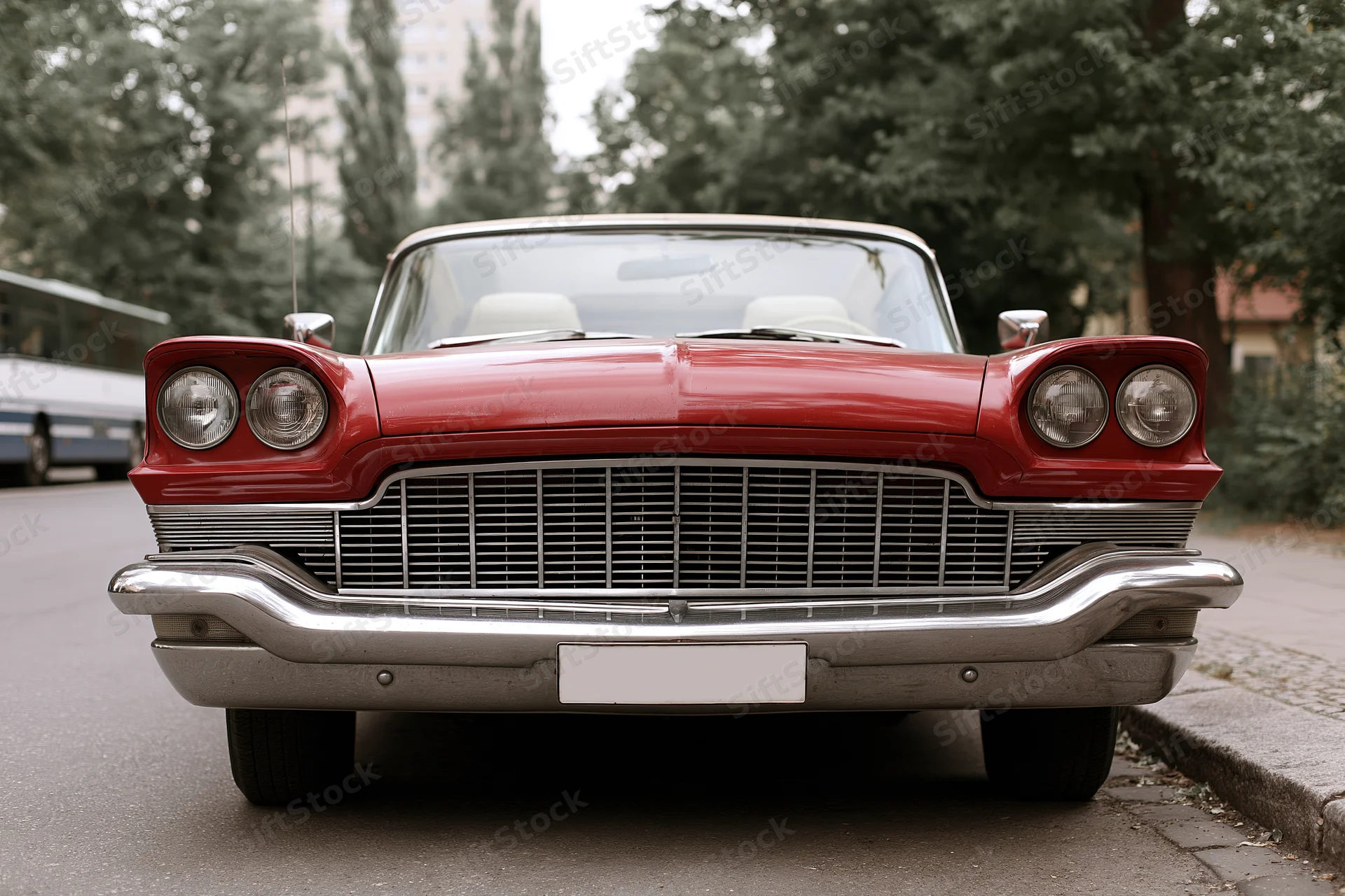 Red vintage american convertible parked on city street facing forward