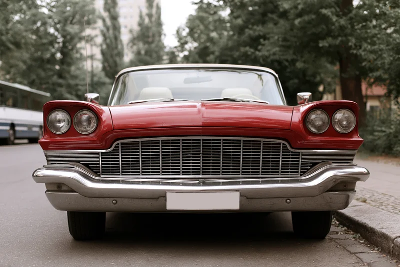 Red vintage american convertible parked on city street facing forward