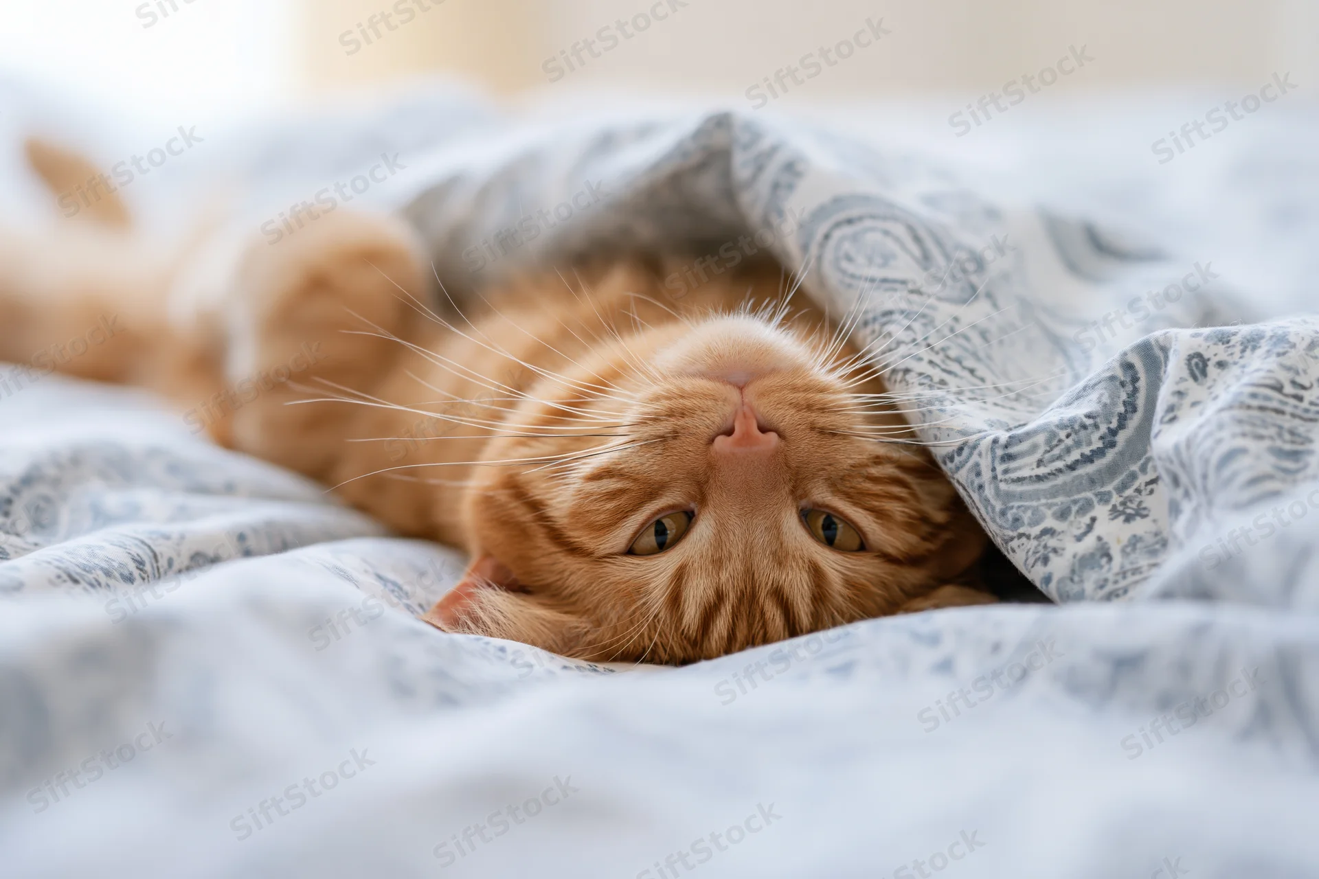 Ginger tabby cat lying on its back peeking out from under a patterned blanket in bed