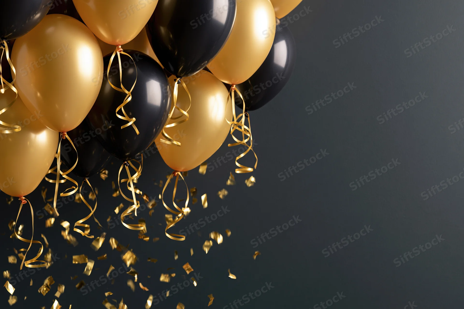 Gold and black helium balloons clustered in the upper left with falling gold confetti against a dark background, copyspace on the right