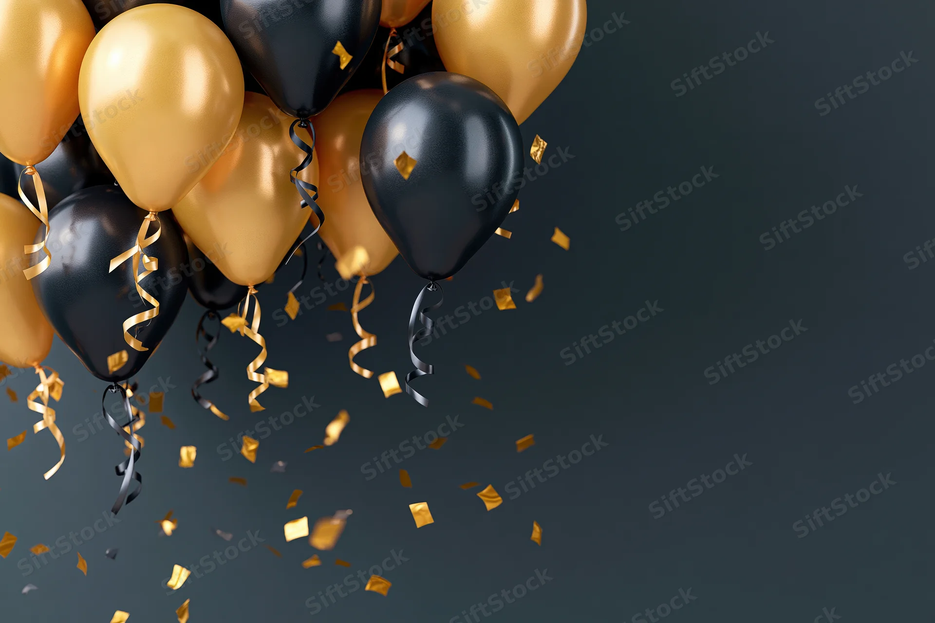 Gold and black helium balloons clustered in the upper left with falling confetti and streamers against a dark background, copyspace on the right