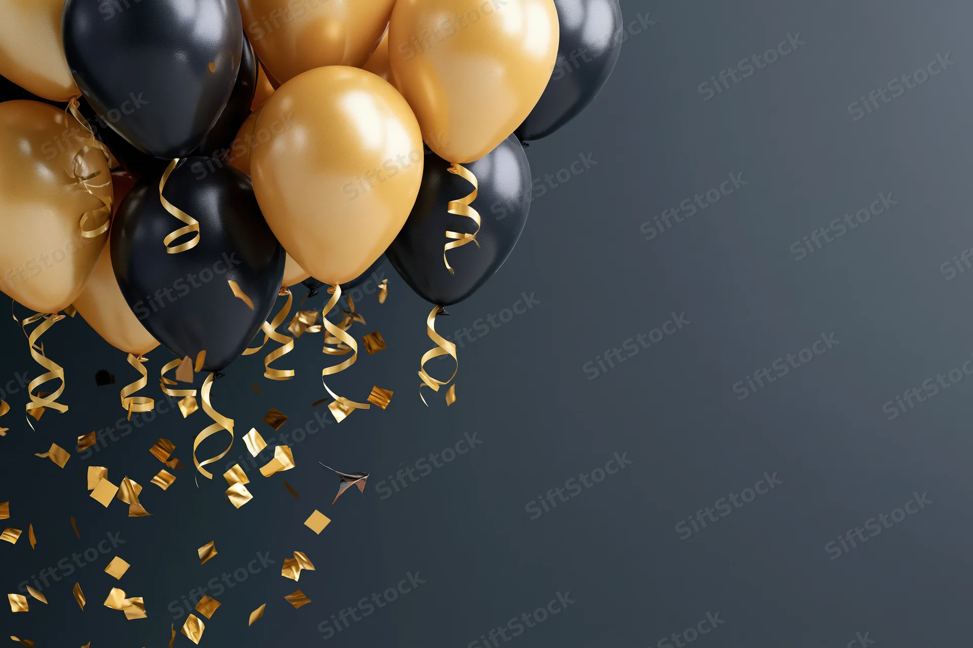 Gold and black helium balloons clustered in upper left with falling confetti and streamers against dark background
