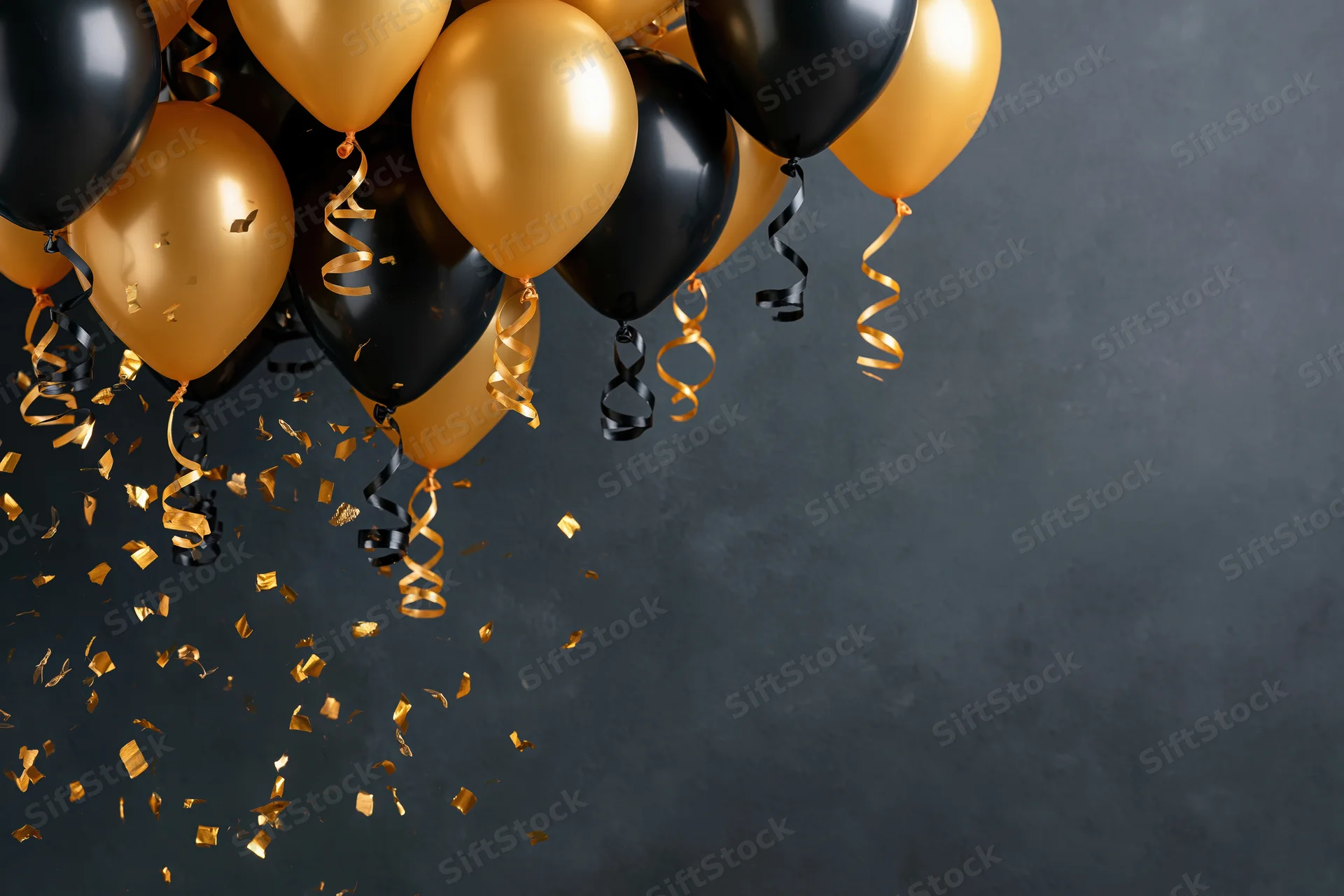 Gold and black helium balloons with falling confetti and streamers against a dark gray textured background
