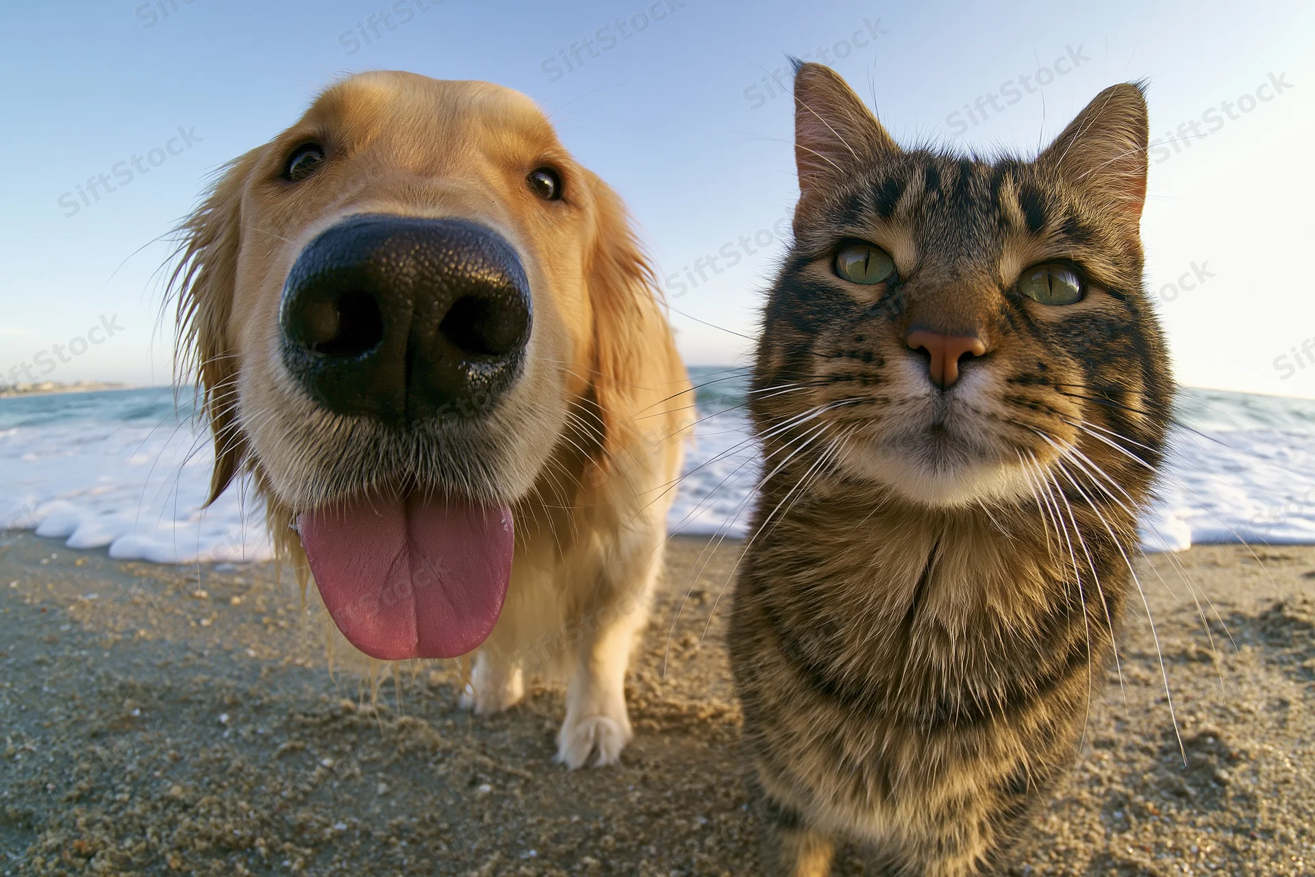 Golden retriever and tabby cat standing side by side on sandy beach facing camera with ocean waves behind