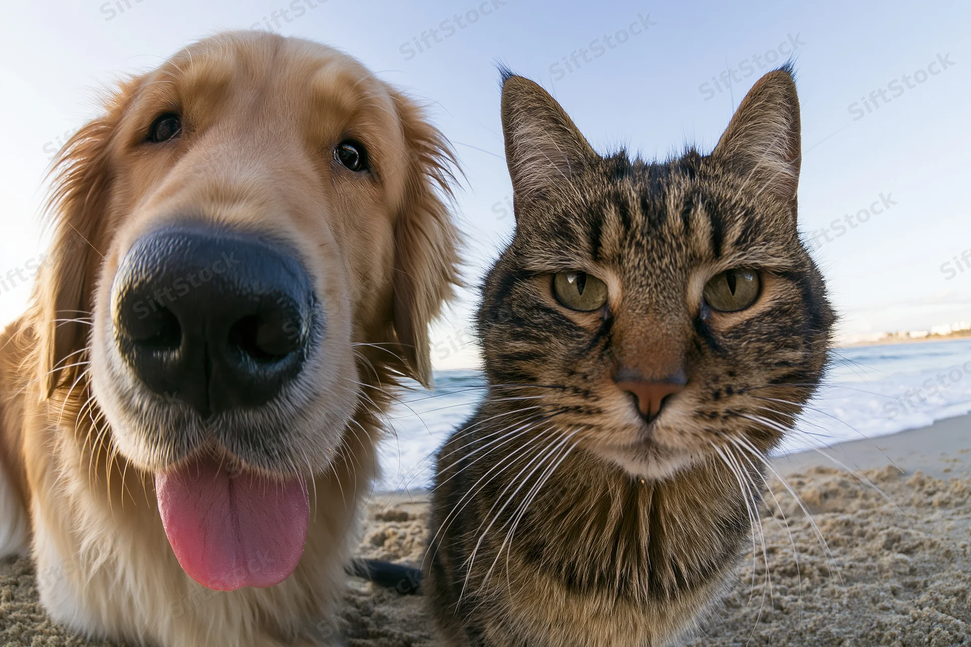 Golden retriever and tabby cat side by side on sandy beach facing camera