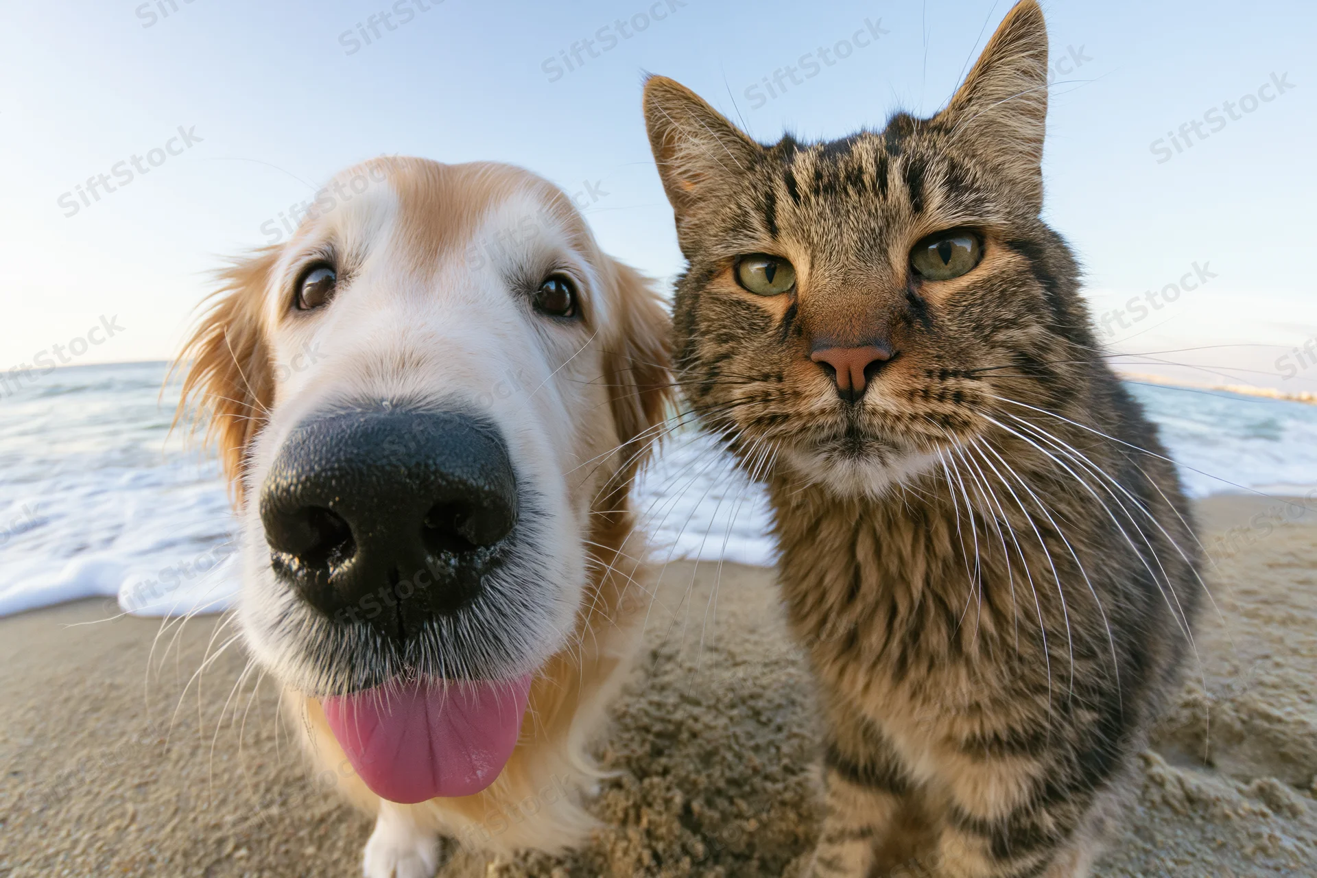 Golden retriever and tabby cat side by side on sandy beach facing camera with ocean waves behind