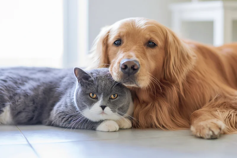 Golden retriever resting chin on grey-and-white cat lying on tiled floor indoors